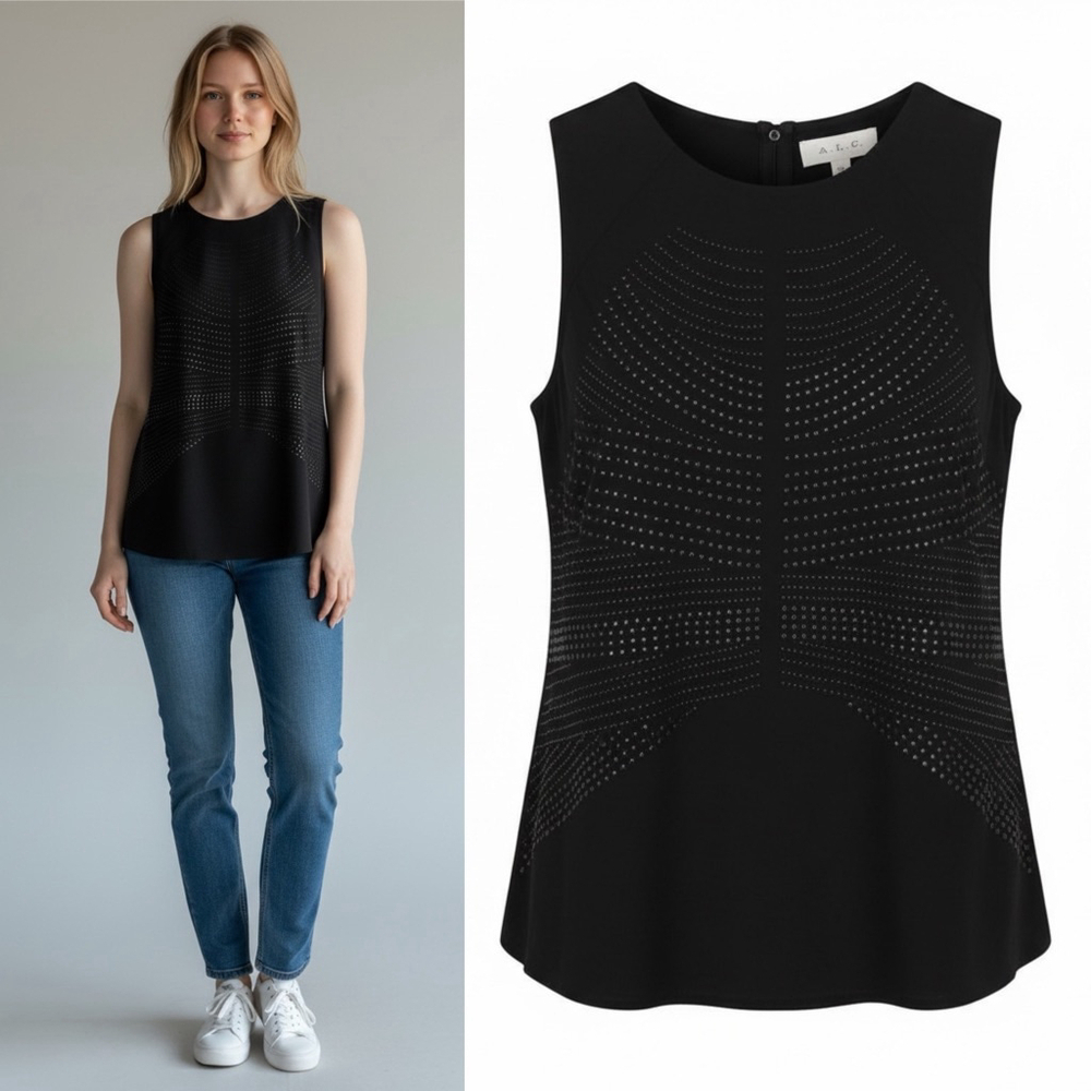 A.L.C. 100% Silk Brenner Black Studded Crepe Tank Top Sz XS